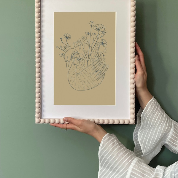 Swan Sketch Art Print | DIGITAL Swan Vase Cosmos Flowers Art Print S5-2