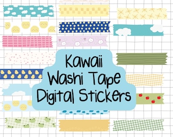 May include: A collection of colorful washi tape digital stickers with various patterns, including bees, clouds, stars, and flowers. The text "Kawaii Washi Tape Digital Stickers" is displayed on a light blue background.