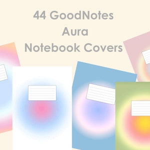 May include: Four GoodNotes notebook covers with a gradient background and a white lined rectangle in the center. The covers are in pink, blue, white, and green.