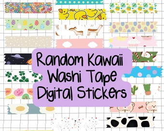 May include: A set of 20 digital washi tape stickers featuring various kawaii designs, including flowers, animals, and geometric patterns. The stickers are perfect for adding a touch of whimsy to planners, journals, and other craft projects.