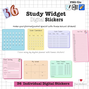 Könnte beinhalten: Ein Set mit 36 digitalen Planer-Stickern mit verschiedenen Designs zum Thema Lernen. Die Sticker beinhalten einen Kalender, einen Ereignis-Tracker, einen Schlaf-Tracker, Zielsetzung und einen Wochenplaner. Die Sticker sind in Pastellfarben mit niedlichen Illustrationen gehalten.