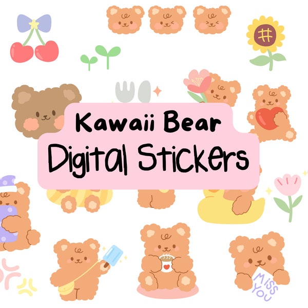 Kawaii Bear Digital stickers Pre-cropped Digital Stickers Digital Download Cute bear digital stickers Digital Planner stickers journal