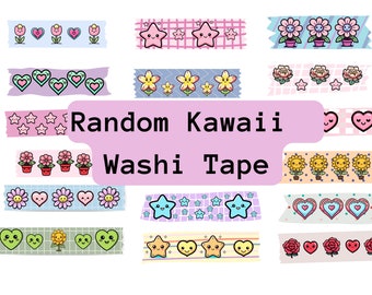 May include: A set of 12 colorful washi tapes with various kawaii designs, including flowers, stars, hearts, and smiley faces. The tapes are labeled "Random Kawaii Washi Tape".