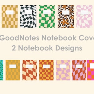 May include: 32 GoodNotes notebook covers with two different designs. The first design features a swirling checkerboard pattern in various colors. The second design features a simple checkerboard pattern in various colors.