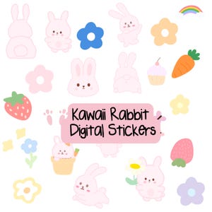 Kawaii Rabbit Digital stickers Pre-cropped Digital Stickers Digital Download Cute bunny digital stickers Digital Planner stickers journal