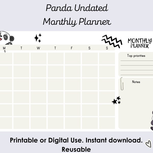 undated monthly planner reusable planner monthly calendar printable planner undated cute planner kawaii panda undated calendar