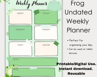 green undated weekly planners reusable planner week calendar printable planner undated cute planner frog green digital undated planner frog