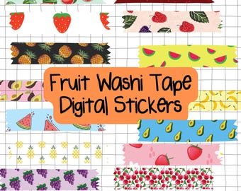 May include: Digital stickers featuring various fruit designs. The stickers are in the style of washi tape and include designs such as watermelon, pineapple, avocado, banana, strawberries, cherries, and grapes. The text "Fruit Washi Tape Digital Stickers" is displayed in the center of the image.