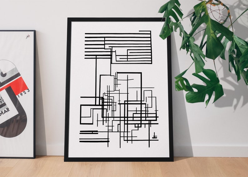 Minimalist Black & White Abstract Line Art, Digital Print digital