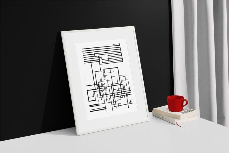 Minimalist Black & White Abstract Line Art, Digital Print digital