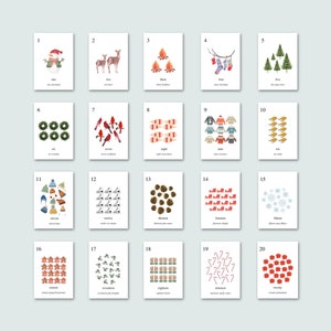 Tarjetas didácticas de números de invierno, 20 tarjetas temáticas de vacaciones de invierno, imprimibles en casa