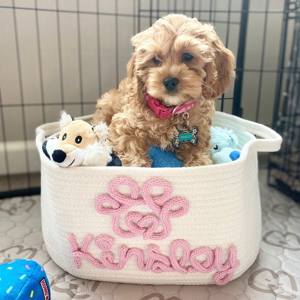 Personalized dog toy basket large custom dog name toy bin puppy treat basket new puppy toy storage custom puppy name toy crate dog organizer