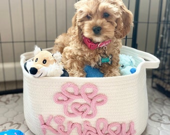 Personalized dog toy basket large custom dog name toy bin puppy treat basket new puppy toy storage custom puppy name toy crate dog organizer