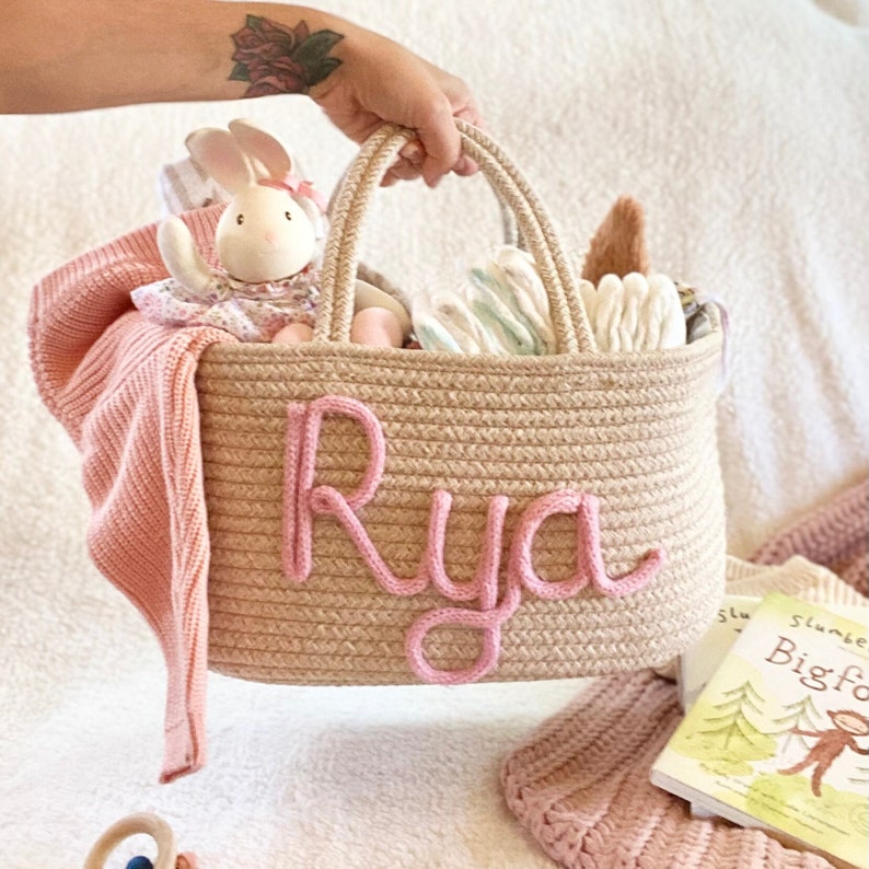 Baby shower name gift diaper caddy