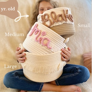 Customized rope baskets with child's name in knit lettering