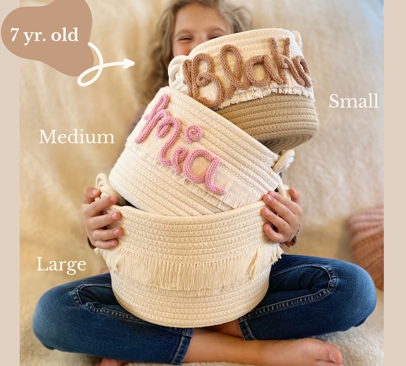 Customized rope baskets with child's name in knit lettering