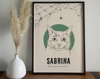Retrato de mascota de Halloween, gato espeluznante, regalo de Halloween, decoración personalizada, adorable decoración de Halloween para el hogar, ilustración gótica de animales, hogar oscuro