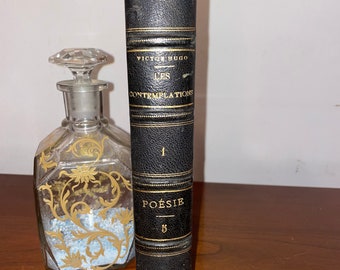Op de afbeelding: Een zwart lederen gebonden boek met gouden letters. De titel is "VICTOR HUGO LES CONTEMPLATIONS POÉSIE 1 5".