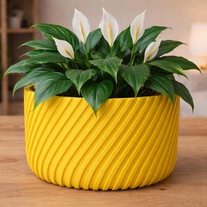 May include: A vibrant yellow, round planter with a textured, diagonal stripe design. The planter holds a lush green plant with several white flowers. The pot sits on a wooden surface, creating a bright and inviting display.