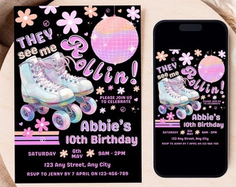 Rollschuh-Geburtstags-Einladung | Rollschuh-Party Einladung | Retro Neon bearbeitbare Vorlage | Glow Skate Party Einladung | Leinwand