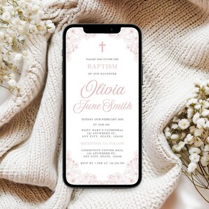 Digital Baptism Invite, Vintage Floral Baptism Invitation, Girl Christening Invitation, Dusty Pink Flower Template, Editable Baptism Evite