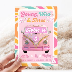 Young Wild And Three Invitation | Groovy Birthday Party Invitation | Boho Retro Groovy Hippie Birthday | Hippie Young Wild & Three Invite
