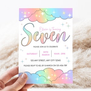 7th Birthday Invitation Editable | 7Th Birthday Invite Girl | Pastel Rainbow Invitation 7th Birthday | 7th Birthday Girl Invitation