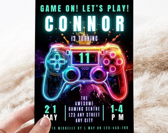 Video Game Birthday Invitation Template, Video Game Invitation, Neon Glow, Kid Invite, Boy Game Party, Boy Gamer Invitation, Editable Canva