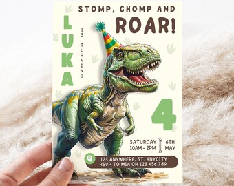 May include: A green dinosaur wearing a party hat with the text "Luka is turning 4" and the words "Stomp, Chomp and Roar!" on a light yellow background. The text "Saturday 6th 10AM-2PM May" and "123 Anywhere, St. Anycity RSVP to Mia on 123 456 789" are also on the invitation.