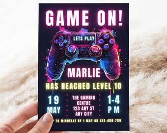 Videospiel-Geburtstagseinladung Vorlage, Videospieleinladung, Neon Glow, Kind einladen, Mädchenspielparty, Mädchenspielereinladung, bearbeitbar