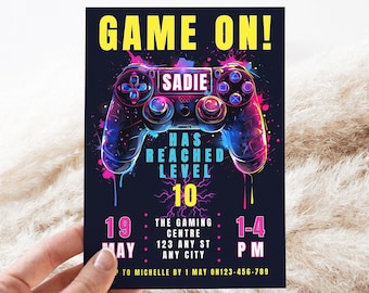 Videospiel-Geburtstagseinladungsvorlage, Videospieleinladung, Neonlicht, Kindereinladung, Mädchenspielparty, Mädchenspielereinladung, bearbeitbare Canva