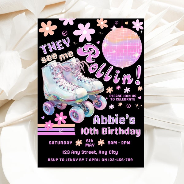 Skate Party Birthday Invitation, Roller Skating, Party Invitation, girl, boy, Retro Neon Lights, Editable Canva Template