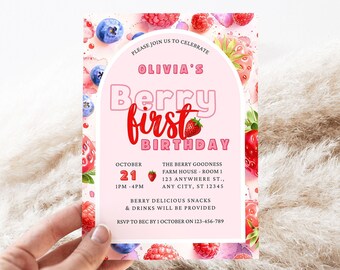 Berry First Birthday Invitation Template | 1St Birthday Party Invitations | Editable Strawberry Birthday Invitation | Editable Template