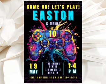 Video Game Birthday Invitation Template | Editable Canva | Instant Download | Video Game Truck | Neon Glow | Video Game Invite Card