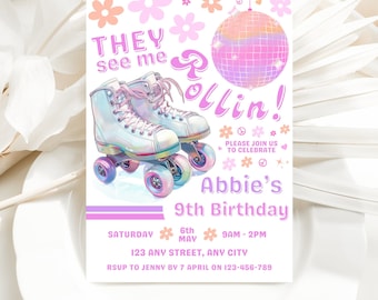 Skate-Party-Geburtstagseinladung, Rollschuhlaufen, Party-Einladung, Mädchen, Junge, Retro-Neonlichter, bearbeitbare Canva-Vorlage