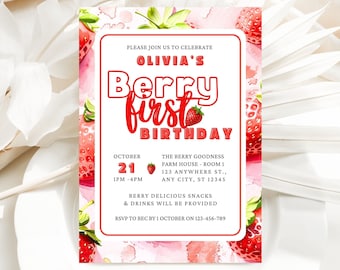 Berry First Birthday Invitation Template | 1St Birthday Party Invitations | Editable Strawberry Birthday Invitation | Editable Template