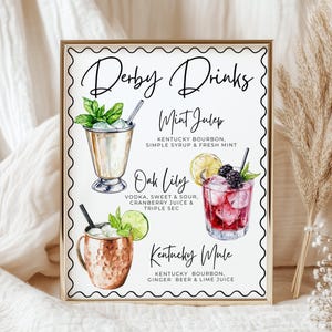 Kentucky Derby Drink Sign Template | Editable Derby Day Bar Menu, Derby Drinks Mint Julep, Oaks Lily, Kentucky Mule, Signature Cocktail Sign