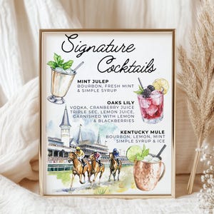 Kentucky Derby Cocktail Sign | Derby Day Drink Sign Printable | Editable Bar Menu Template | Mint Julep, Oaks Lily, Kentucky Mule | Instant