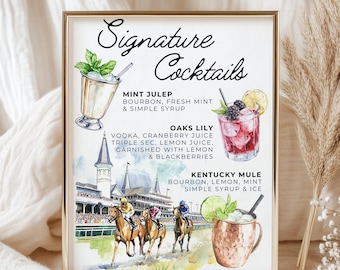 Letrero de cóctel del Derby de Kentucky / Letrero de bebida del Derby imprimible / Plantilla de menú de bar editable / Mint Julep, Oaks Lily, Kentucky Mule / Instantáneo
