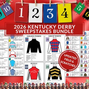 Pode incluir: Um pacote de sorteio do Kentucky Derby com informações sobre cavalos de corrida. A imagem apresenta cartões com nomes de cavalos, cores de jóqueis e os números 1-10. O texto "2026 Kentucky Derby Sweepstakes Bundle" é exibido.