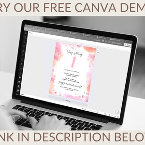 Op de afbeelding: Een laptopscherm dat een Canva-ontwerptemplate voor een verjaardagsfeestuitnodiging weergeeft. Het ontwerp heeft een aquarel achtergrond met roze en oranje tinten en een groot nummer "1" in het midden. De tekst "Dugg wordt 1" staat boven het nummer. De uitnodiging bevat details over het feest, zoals de datum, tijd en locatie. De tekst "Partyeten en drinken worden verzorgd" staat onderaan de uitnodiging.