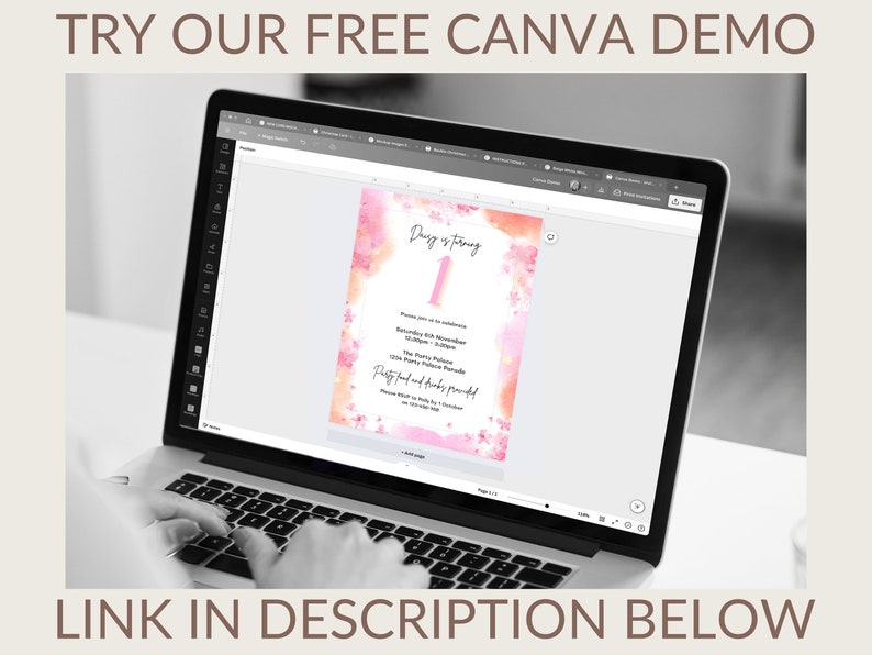 Op de afbeelding: Een laptopscherm dat een Canva-ontwerptemplate voor een verjaardagsfeestuitnodiging weergeeft. Het ontwerp heeft een aquarel achtergrond met roze en oranje tinten en een groot nummer "1" in het midden. De tekst "Dugg wordt 1" staat boven het nummer. De uitnodiging bevat details over het feest, zoals de datum, tijd en locatie. De tekst "Partyeten en drinken worden verzorgd" staat onderaan de uitnodiging.
