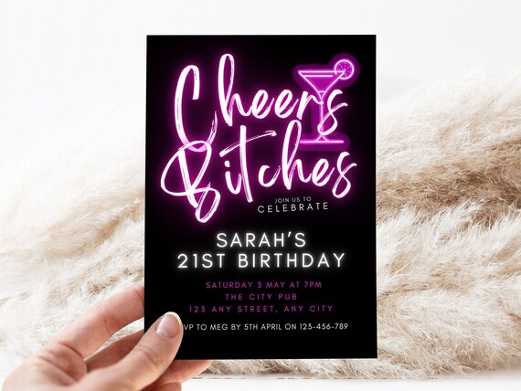21St Birthday Invitation | Cheers Bitches | Digital 21St Birthday Invitation | Hot pink Glow | Neon Lights Invitation | Digital Download