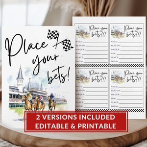 May include: Printable horse racing betting game cards with the text "Place your bets!" and a watercolor illustration of a horse race. The cards include fields for race, bettor, wager, win, place, and show.