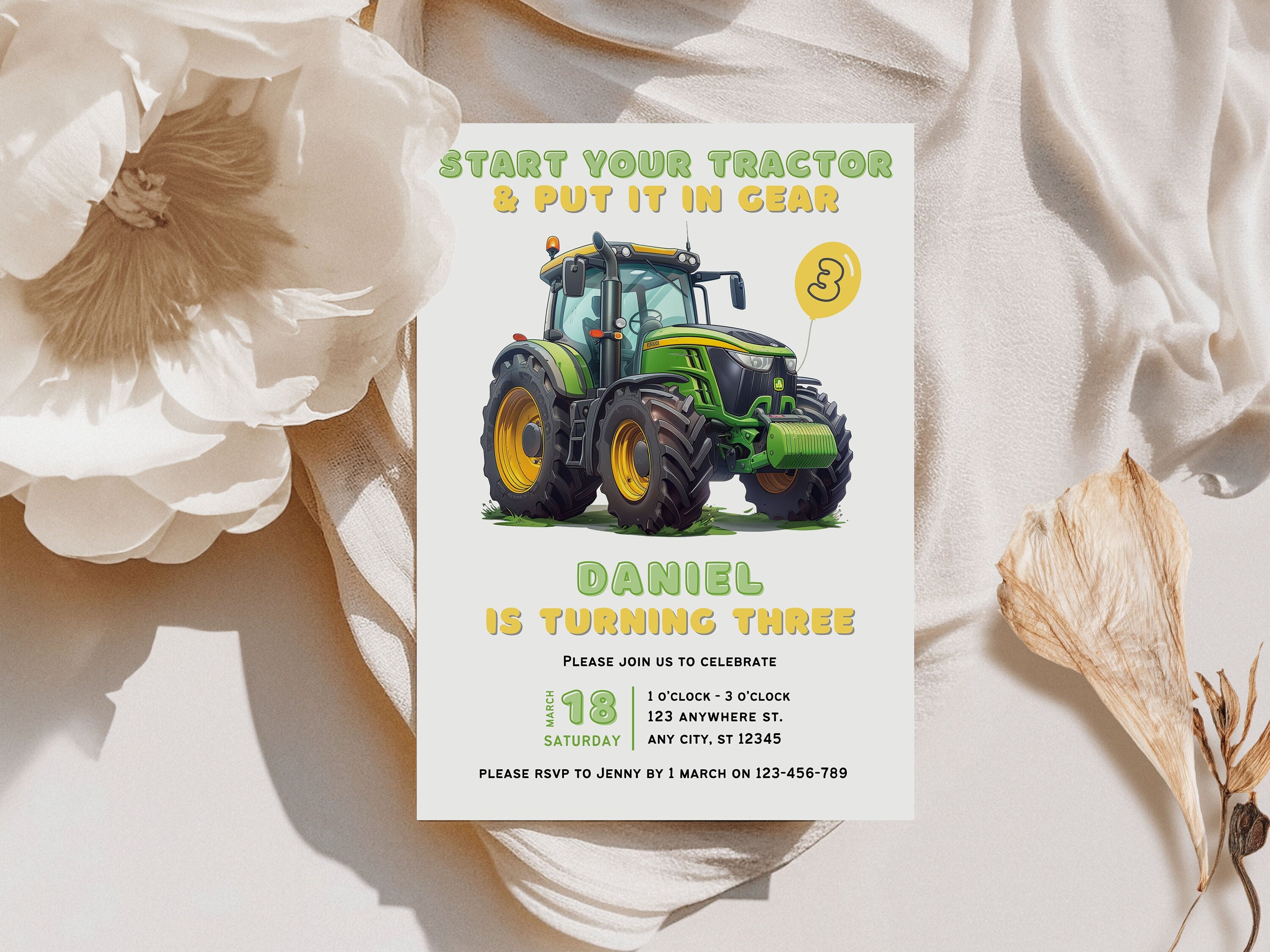 Tractor Birthday Invitation | Green Tractor Party Invite | Farm Theme ...