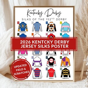 Puede incluir: Un póster enmarcado con las sedas del 152º Derby de Kentucky. El póster incluye el texto "2026 Kentucky Derby Jersey Silks Poster" y muestra coloridas sedas de jockey con nombres como "Renegade" y "Albus". Un círculo rojo dice "Updated Field & Scratches".