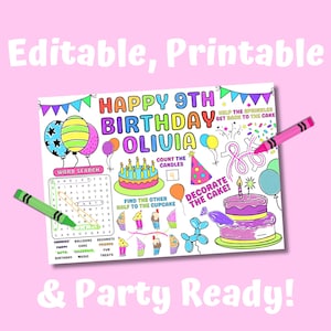Birthday Coloring Placemat For Kids Personalized Party Sheet Paper Activity Table Mat Birthday Games Coloring Pages Editable Template Color