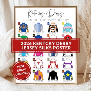 May include: A framed poster featuring the silks of the 152nd Kentucky Derby. The poster includes the text "2026 Kentucky Derby Jersey Silks Poster" and displays colorful jockey silks with team names. A red circle indicates "Post Draw Updated".