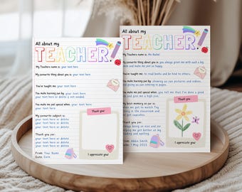Teacher Appreciation Week Printable, Teacher Appreciation Week, All About My Teacher, Personalised Photo Teacher Thank You Gift