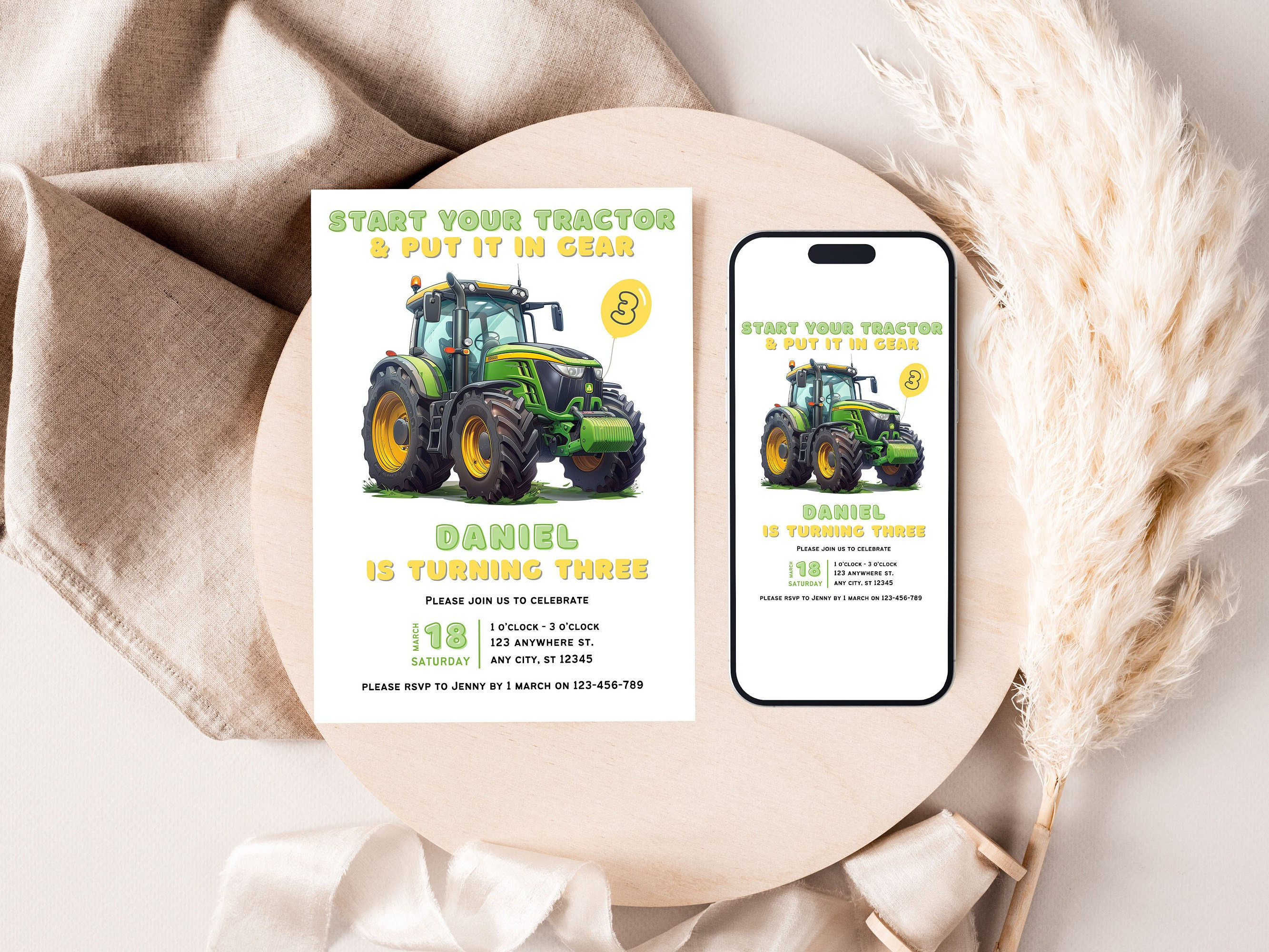 Tractor Birthday Invitation | Green Tractor Party Invite | Farm Theme ...